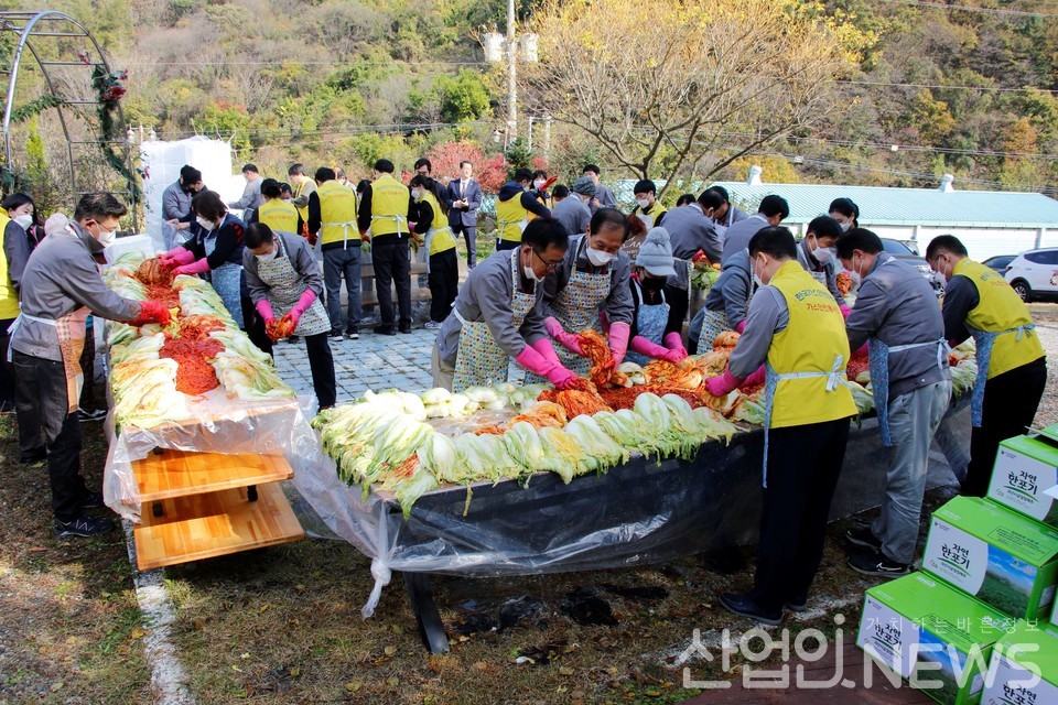 봉사단 일행들이 부쩍 쌀쌀해진 날씨에도 오전 일찍부터 모여 김장 김치에 속을 넣고 있다. [황무선 기자]